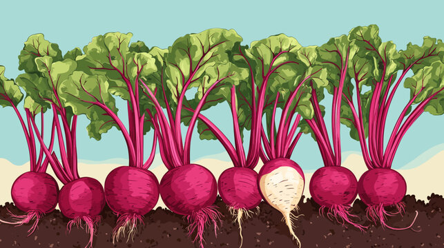 A stylized illustration depicting a row of fresh, red beets growing in the soil with leafy green tops
