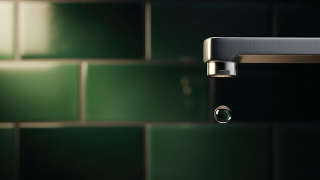 Single water droplet falling from a faucet against a green tile wall.