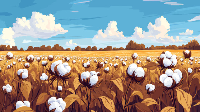 Digitally painted cotton field in a sunny landscape, with fluffy clouds and blue skies