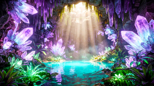 3d Dreamy Fantasy Cave with Giant Glowing Purple Amethyst Crystals and Sunbeams Over a Turquoise Pool