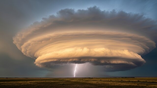 Dramatic supercell thunderstorm cloud with lightning over a plain.