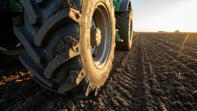 Close-up of a tractor tire on freshly plowed soil at sunset.