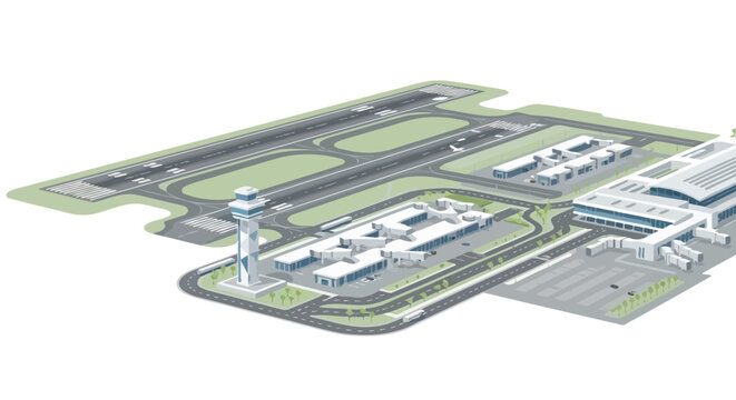 Modern Isometric Airport Terminal Illustration with Runway, Control Tower, and Hangars on White Background