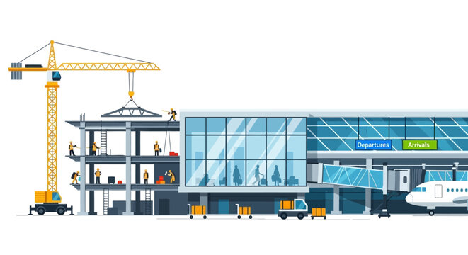 Modern Airport Terminal Construction Illustration with Industrial Crane, Construction Workers, and Airplane - Vector Concept
