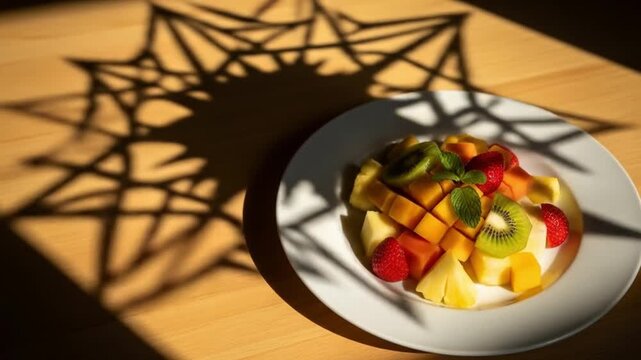 Plate of fruit with strawberries kiwi mango and pineapple on wood shadowed by a star design