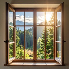 Fototapeta premium An opened wooden window frames a sunlit vista of mountains and evergreen trees, bathed in a bright morning glow