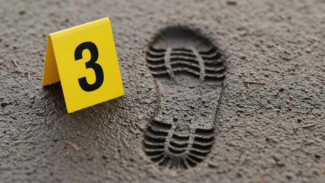Shoeprint in the mud marked as evidence at a crime scene.