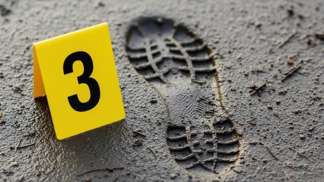 Crime scene marker next to a boot print in the mud.