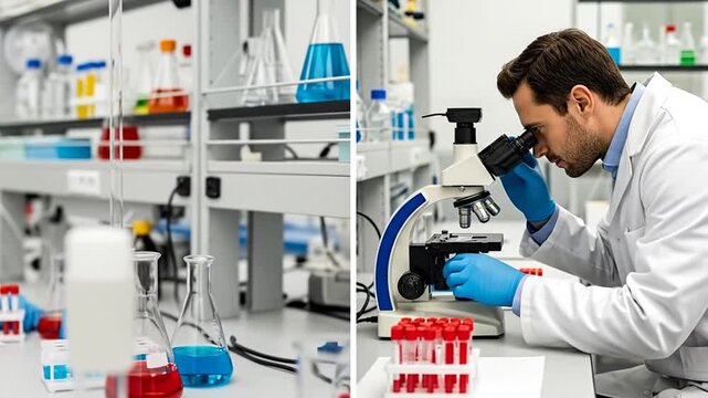 Precision and Discovery: A diligent scientist meticulously examines samples through a microscope in a state-of-the-art laboratory, symbolizing the core of scientific investigation and advancement.