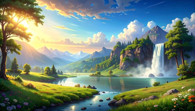 A vibrant landscape with a calm lake, majestic mountains, cascading waterfall, and bright sunshine peeking through the clouds. Lush greens abound