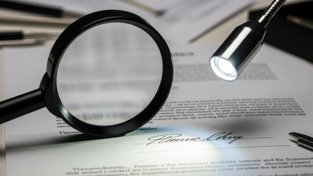 Examining a signature on a document with a magnifying glass and flashlight.
