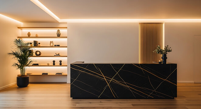 Modern Reception Desk with Marble Stone and Elegant Interior Design