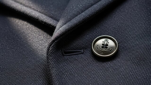 Anchor-themed button on the lapel of a blue wool coat.