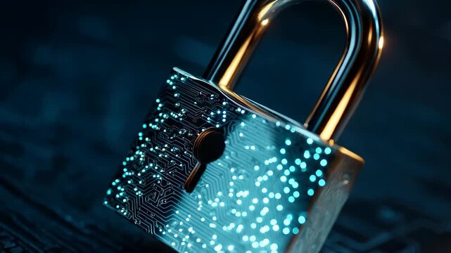 Blue Digital Security Lock Padlock Protection Data Technology Circuit Abstract Metal Cyber Privacy Encryption Access Keyhole Hardware Network Shield Closeup Futuristic Shiny SEO Title