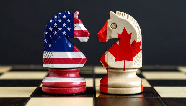 Two chess pieces, shaped as horses, face each other. One is painted with US flag, the other with a Canadian maple leaf, on a chessboard