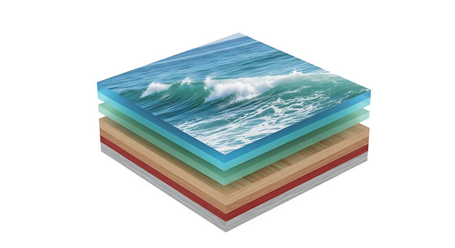 Layered cross-section of ocean and earth strata, showing water waves, sand, and rock layers, isolated on white