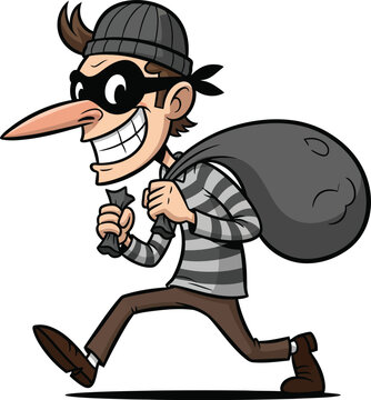 Cartoon burglar character running away with a loot bag.