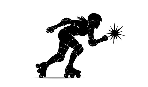 Vector silhouette of a roller derby player in motion with protective gear and starburst
