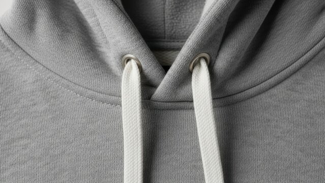 Detail shot of the drawstrings and hood of a grey hoodie.