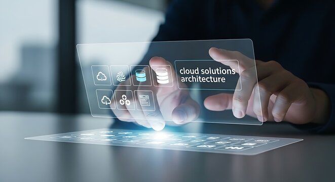 Cloud solution architecture. An architect's hands select a database icon from a simple palette of holographic cloud services.