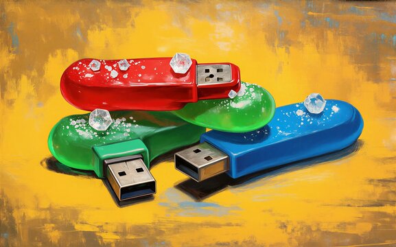 Three colorful USB drives with sparkling gems on a vibrant yellow