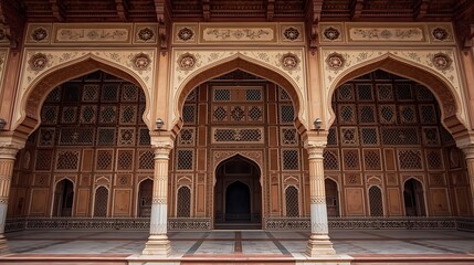 Fototapeta premium Grand historic palace façade inspired by Mughal-era design, featuring elegant arches and detailed lattice work, evoking cultural rich and timeless Asian monument beauty, cinematic tourism composition
