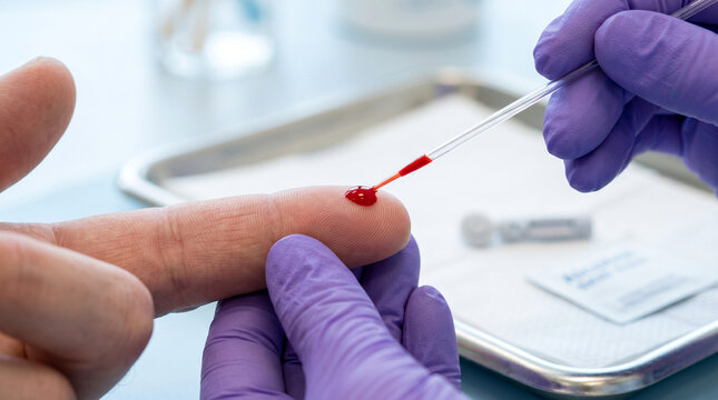 Healthcare Worker Collecting Blood Sample from Finger Prick Using Capillary Tube for Rapid Diagnostic Testing.