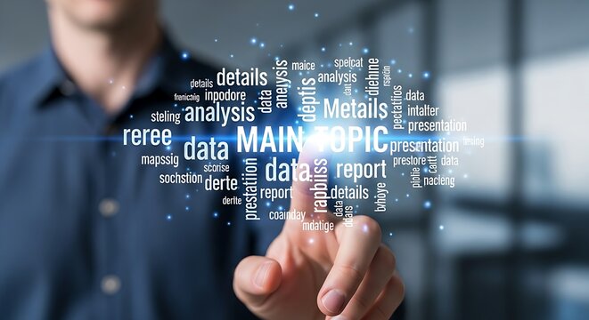 Main topic identification. A close-up of a finger tracing the outline of a holographic word cloud, causing the central term to glow brighter, highlighting the main topic.