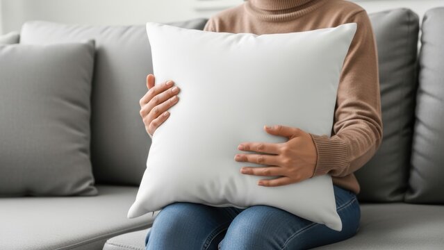 Blank square white cushion mockup held by a person on a couch.