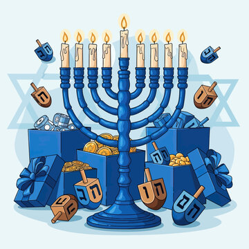 Blue Hanukkah Menorah with Dreidels and Gift Boxes.