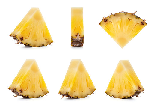 Set of fresh ripe pineapple slices isolated on white background