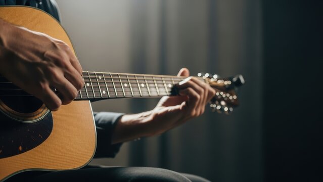 Close-up of a person playing an acoustic guitar.