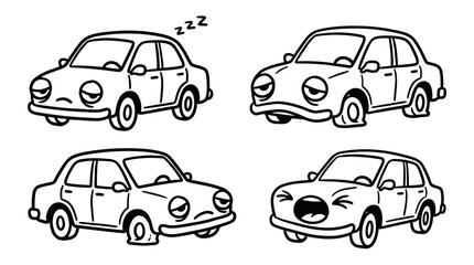 Cartoon cars showing different emotions and conditions