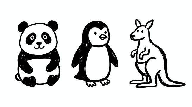Cartoon panda penguin kangaroo wildlife illustration