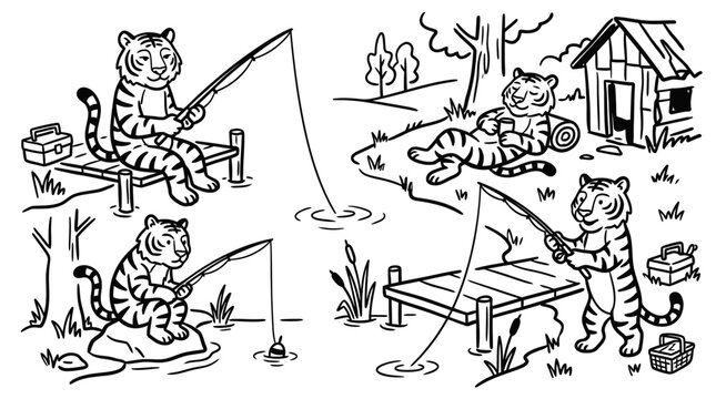 Cartoon tigers fishing relaxing resting by lake