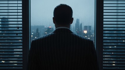 Fototapeta premium Man in a pinstripe suit looking out a window at a rainy city skyline at night.