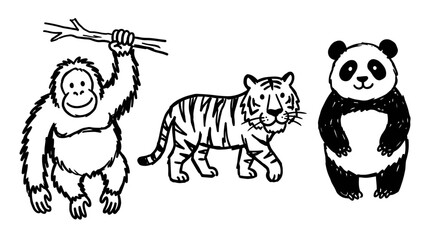 Black and White Line Art of Orangutan, Tiger, and Panda © Wagiman Studio