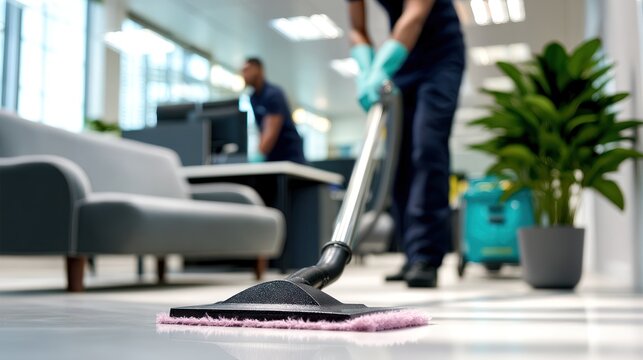 Professional cleaners vacuuming office floor for hygiene, copy space