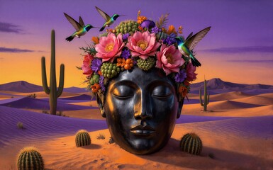 Obraz premium Desert head adorned with flowers and hummingbirds cacti scattered