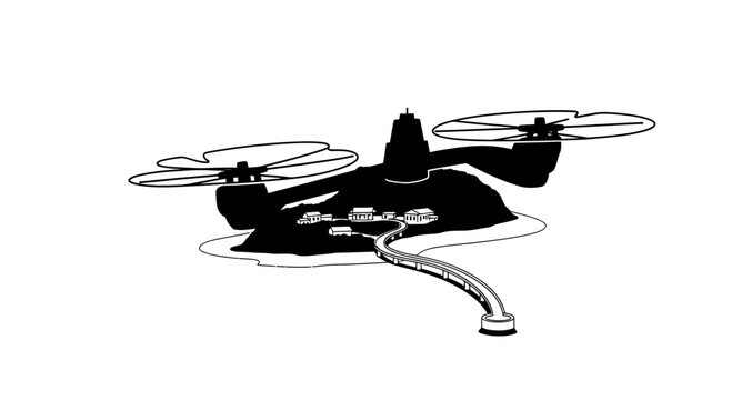 Futuristic Floating Island Drone Village Concept Vector Illustration