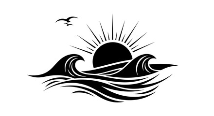 Fototapeta premium Minimalist Ocean Wave and Sun Silhouette Vector Illustration