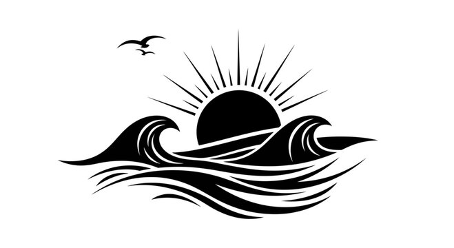 Minimalist Ocean Wave and Sun Silhouette Vector Illustration
