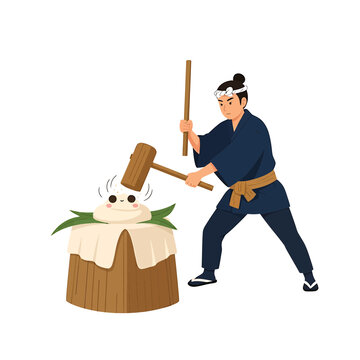 Vector Illustration of Traditional Japanese Mochitsuki Rice Pounding