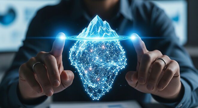 Root cause analysis concept. A business analyst's hands touch a holographic iceberg, with the largest part submerged, representing hidden data or root causes.