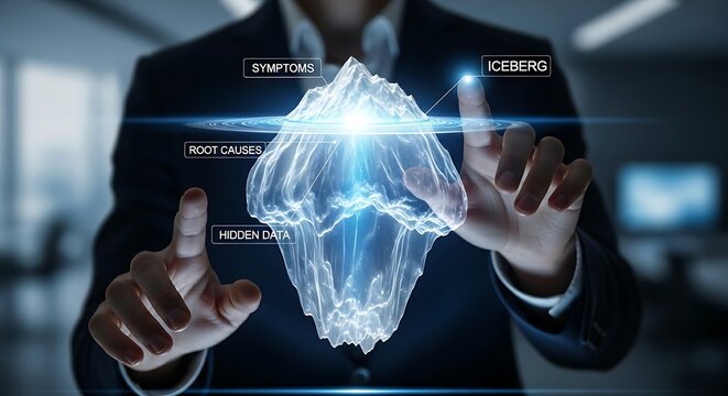 Root cause analysis concept. A business analyst's hands touch a holographic iceberg, with the largest part submerged, representing hidden data or root causes.