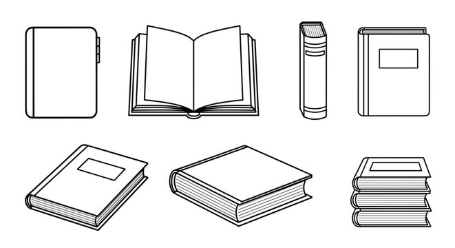 A minimalist vector illustration of various books and textbooks in a simple line art style