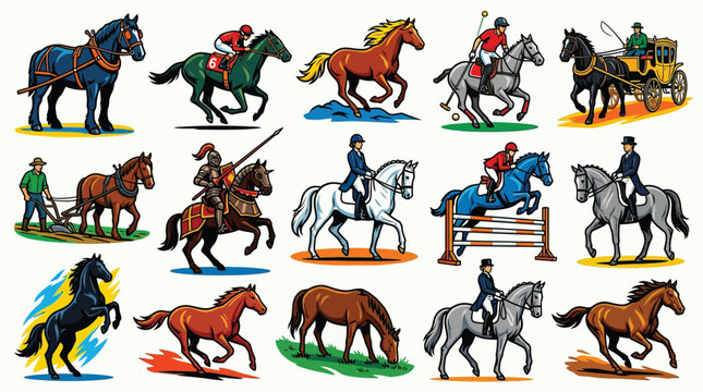 Collection of diverse horse illustrations depicting various activities and breeds, including racing, farming, and historical equestrian scenes.