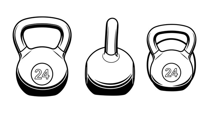 A set of black and white vector kettlebells for fitness and exercise