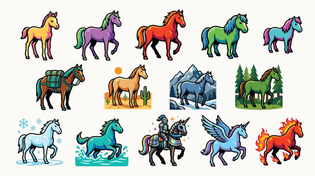 A vibrant collection of diverse horse and unicorn illustrations, showcasing various colors, settings, and mythical elements.