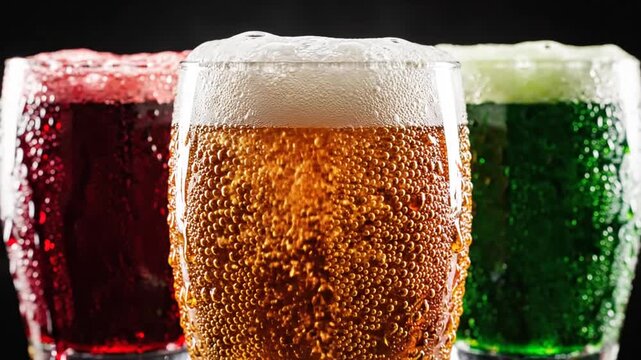Three glasses of colorful cold beer with foam